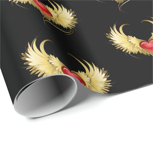 Rood Hart met Gouden Vleugels Cadeaupapier (Rol Hoek)