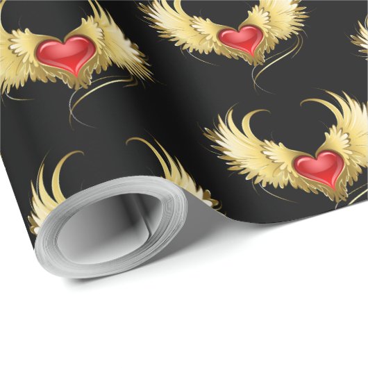 Rood Hart met Gouden Vleugels Cadeaupapier (Rol Hoek)