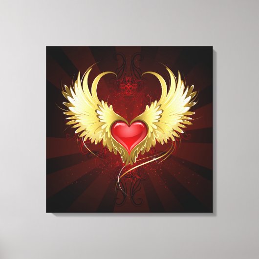 Rood Hart met Gouden Vleugels Canvas Afdruk (Voorkant)