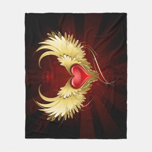 Rood Hart met Gouden Vleugels Fleece Deken (Voorkant)