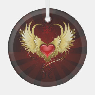 Rood Hart met Gouden Vleugels Glas Ornament