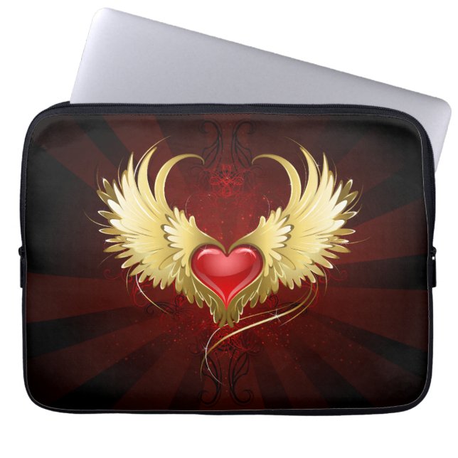 Rood Hart met Gouden Vleugels Laptop Sleeve (Voorkant)