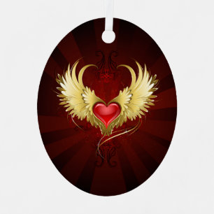 Rood Hart met Gouden Vleugels Metalen Ornament