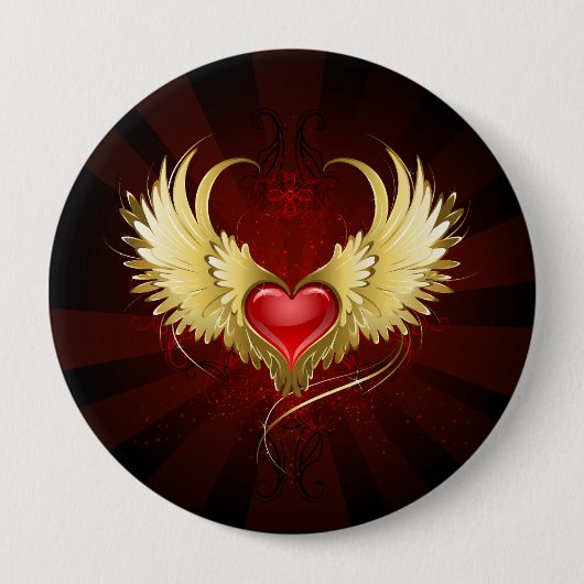 Rood Hart met Gouden Vleugels Ronde Button 4,0 Cm (Voorkant)