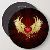 Rood Hart met Gouden Vleugels Ronde Button 6,0 Cm (Voorkant /achterkant)