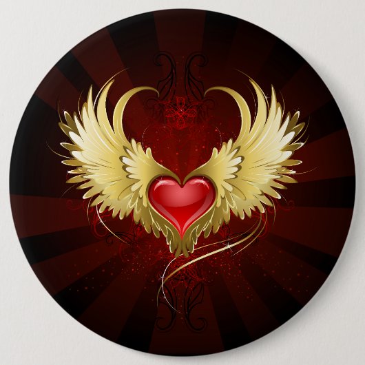 Rood Hart met Gouden Vleugels Ronde Button 6,0 Cm (Voorkant)