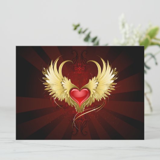 Rood Hart met Gouden Vleugels Save The Date (Staand voorkant)