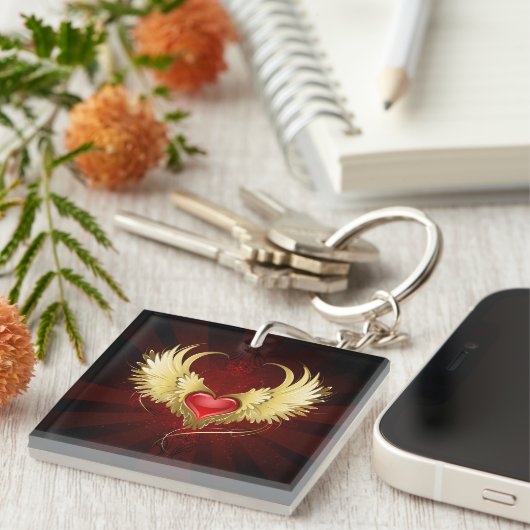 Rood hart met gouden vleugels sleutelhanger (Voorkant Rechts)