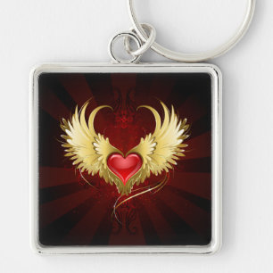 Rood Hart met Gouden Vleugels Sleutelhanger
