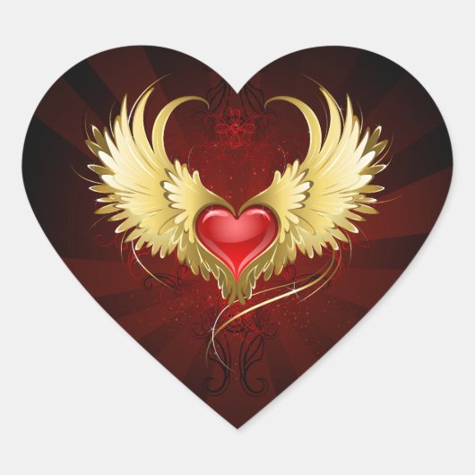 Rood Hart met Gouden Vleugels Sticker (Voorkant)