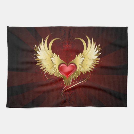 Rood Hart met Gouden Vleugels Theedoek (Horizontaal)