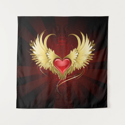 Rood Hart met Gouden Vleugels Wandkleed (Voorkant)