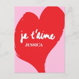Rood hart met je t’aime-tekst op roze achtergrond briefkaart