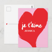 Rood hart met je t’aime-tekst op roze achtergrond briefkaart (Voorkant / Achterkant)