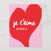 Rood hart met je t’aime-tekst op roze achtergrond briefkaart (Voorkant)
