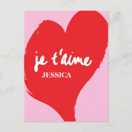 Rood hart met je t’aime-tekst op roze achtergrond briefkaart