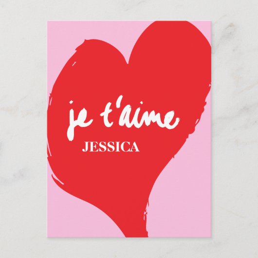 Rood hart met je t’aime-tekst op roze achtergrond briefkaart (Voorkant)