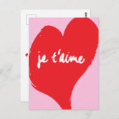 Rood hart met je t’aime-tekst op roze achtergrond briefkaart (Voorkant / Achterkant)