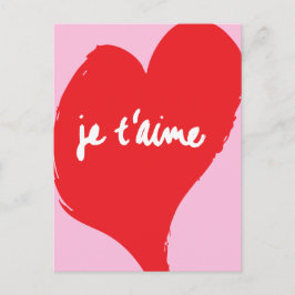 Rood hart met je t’aime-tekst op roze achtergrond briefkaart