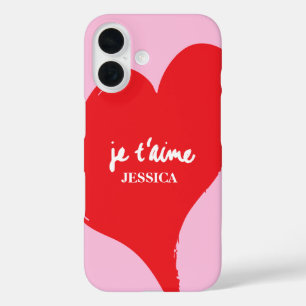 Rood hart met je t’aime-tekst op roze achtergrond iPhone 16 hoesje