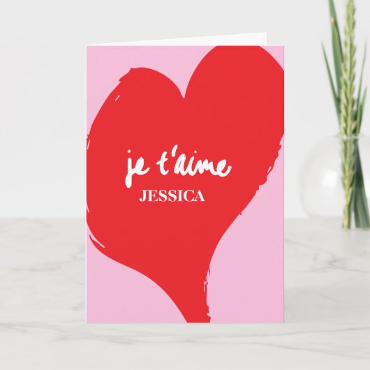 Rood hart met je t’aime-tekst op roze achtergrond kaart (Voorkant)
