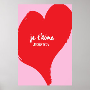 Rood hart met je t’aime-tekst op roze achtergrond poster