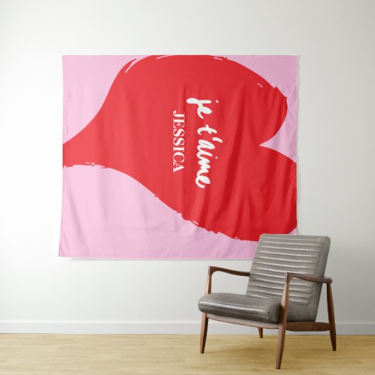 Rood hart met je t’aime-tekst op roze achtergrond wandkleed (In Situ (horizontaal))