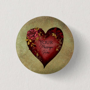 Rood hart met Rozen bewerkbaar Ronde Button 3,2 Cm