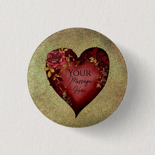 Rood hart met Rozen bewerkbaar Ronde Button 3,2 Cm (Voorkant)