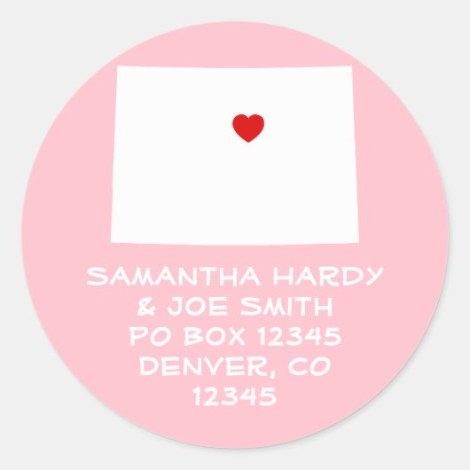 Rood hart op roze en wit kleurenadres ronde sticker (Voorkant)