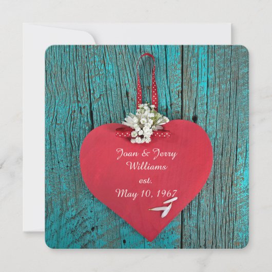 rood hart op turquoise wood vow vernieuwing kaart (Voorkant)