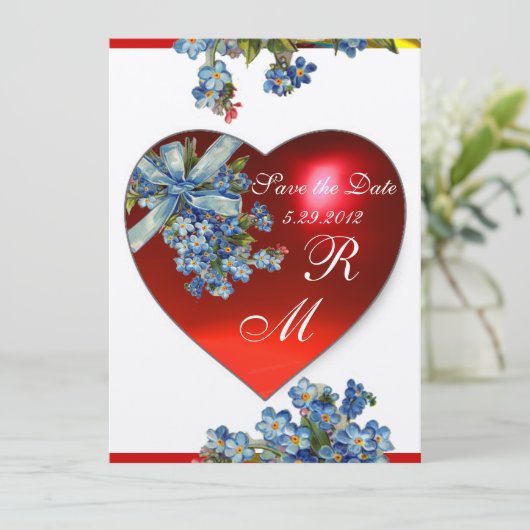 ROOD HART & VERGEET MIJ NIET MONOGRAM Blauw Wit Kaart (Staand voorkant)