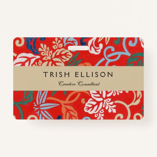 Rood Hawaiiaans Japans Kimono: Bloemen Badge (Voorkant)