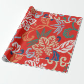 Rood Hawaiiaans Japans Kimono:  Bloemen Cadeaupapier (Uitgerold)