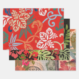 Rood Hawaiiaans Japans Kimono:  Bloemen Inpakpapier Vel