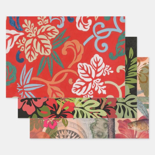 Rood Hawaiiaans Japans Kimono: Bloemen Inpakpapier Vel (Set)
