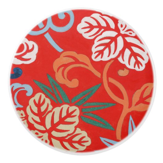 Rood Hawaiiaans Japans Kimono:  Bloemen Keramische Knop (Voorkant)
