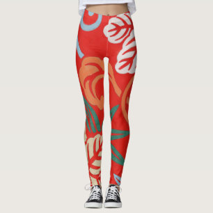 Rood Hawaiiaans Japans Kimono:  Bloemen Leggings