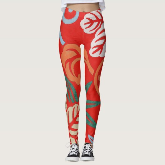 Rood Hawaiiaans Japans Kimono:  Bloemen Leggings (Voorkant)