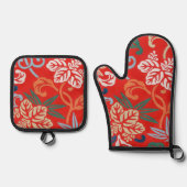 Rood Hawaiiaans Japans Kimono:  Bloemen Ovenwant & Pannenlap Set (Voorkant)