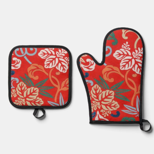 Rood Hawaiiaans Japans Kimono:  Bloemen Ovenwant & Pannenlap Set (Voorkant)