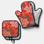 Rood Hawaiiaans Japans Kimono:  Bloemen Ovenwant & Pannenlap Set (Voorkant / Achterkant)