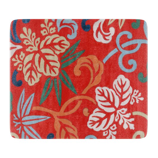 Rood Hawaiiaans Japans Kimono:  Bloemen Snijplank (Voorkant)