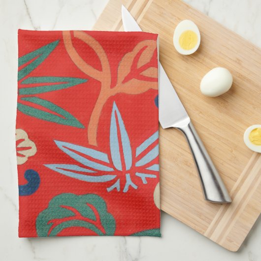 Rood Hawaiiaans Japans Kimono:  Bloemen Theedoek (Quarter Fold)