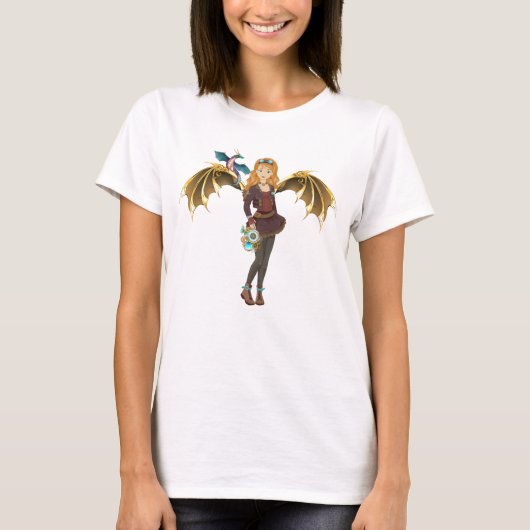 Rood-Headed Steampunk Dragon Girl T-Shirt (Voorkant)