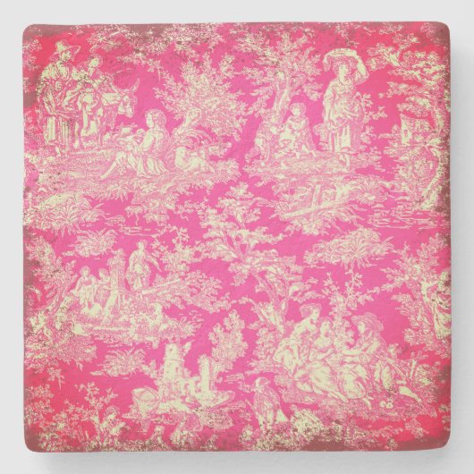  rood heet roze Toile de Jouy patroon Stenen Onderzetter (Voorkant)
