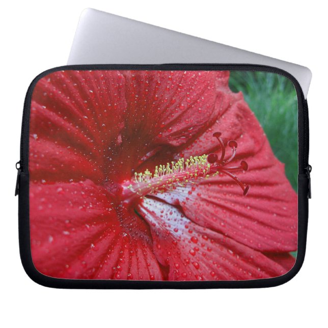 Rood Hibiscus met regendruppels Laptop Sleeve (Voorkant)