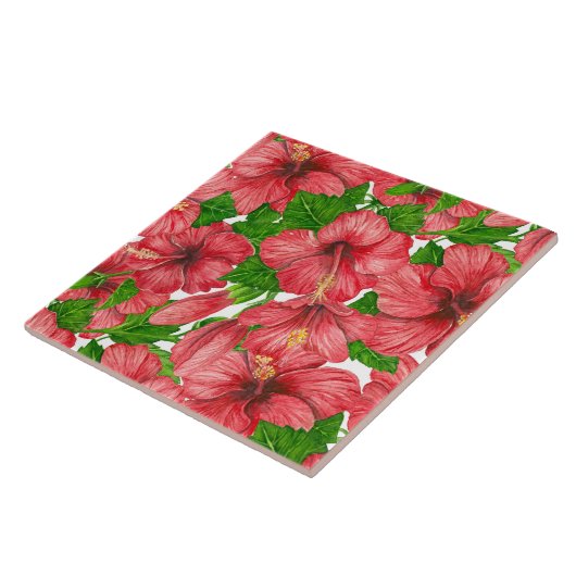 Rood hibiscus patroon II Tegeltje (Zijkant)