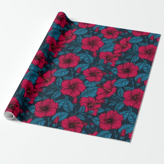 Rood hibiscus verpakkingspapier cadeaupapier (Uitgerold)