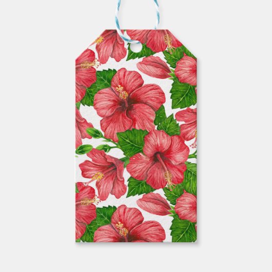 Rood hibiscus waterverf patroon cadeaulabel (Voorkant)
